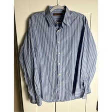 Perry Ellis Blue and White Vertical Stripe Dress Shirt