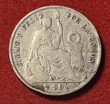 Peru 1/2 Sol 1865 YB Silver Coin KM#195 T8904