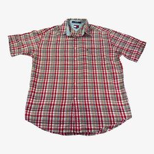 Vintage Tommy Hilfiger Plaid Shirt Mens XL Red Navy Flag Logo Y2K 90s Cotton