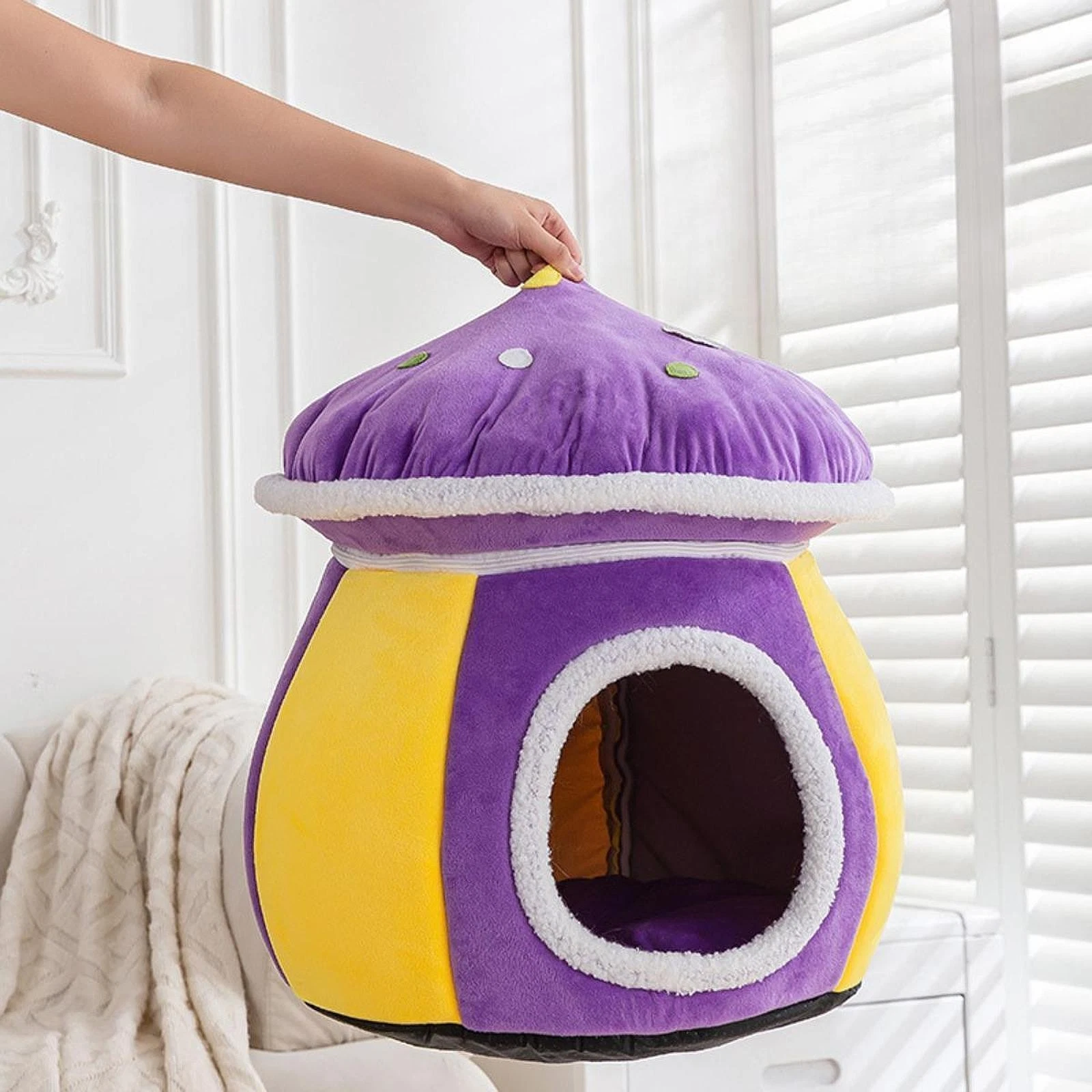 Cat Cave Bed Plush Enclosed Washable with Cushion Warm Premium for Small Pet