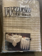 VTG NEW VILLAGE SQUARE Tablecloth Tan Cream Woven Waffle Textured Fringe 60 x 84