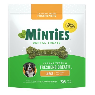 Minties Large Dog Dental Chews 36 Count Mint Flavor Plaque Tartar Control