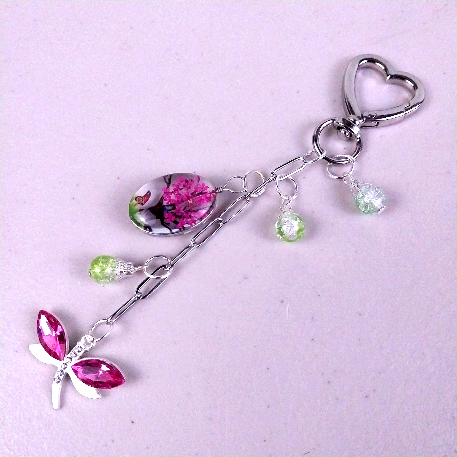 Purse Charm, Bag Charm, Bag Clip, Pink Dragonfly Heart Clip With Charms Handmade