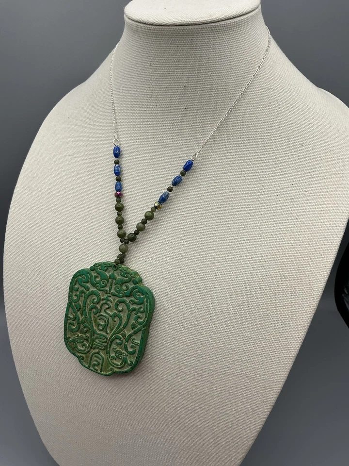 Collar Artesanal Oriental Grande Jade Colgante Plata de Ley 925  Foto 3 de 4
