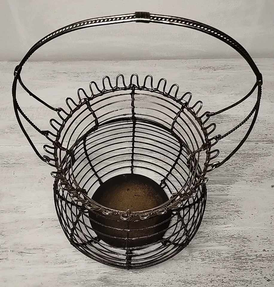 Vintage 16"t Wire Egg Basket 4 Porcelain Eggs & 10 Wood Leather Stemmed Apples - Image 3 of 4