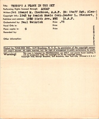 Tune-Dex ''There's a Plane in the Sky'' Lead Sheet Chord Chart 1943 Remick