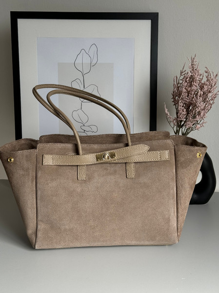 Elegant Women’s Tote Bag – Suede + Genuine Leather, Spacious Shoulder Handbag, P