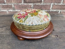 Antique 19th Cen Shabby Victorian Floral Needle Point Footstool Bun Feet Vintage