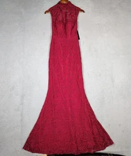 Betsy & Adam Maxi Dress Women's 2 Maroon Lace Open Back Mock Neck Gown Party NWT