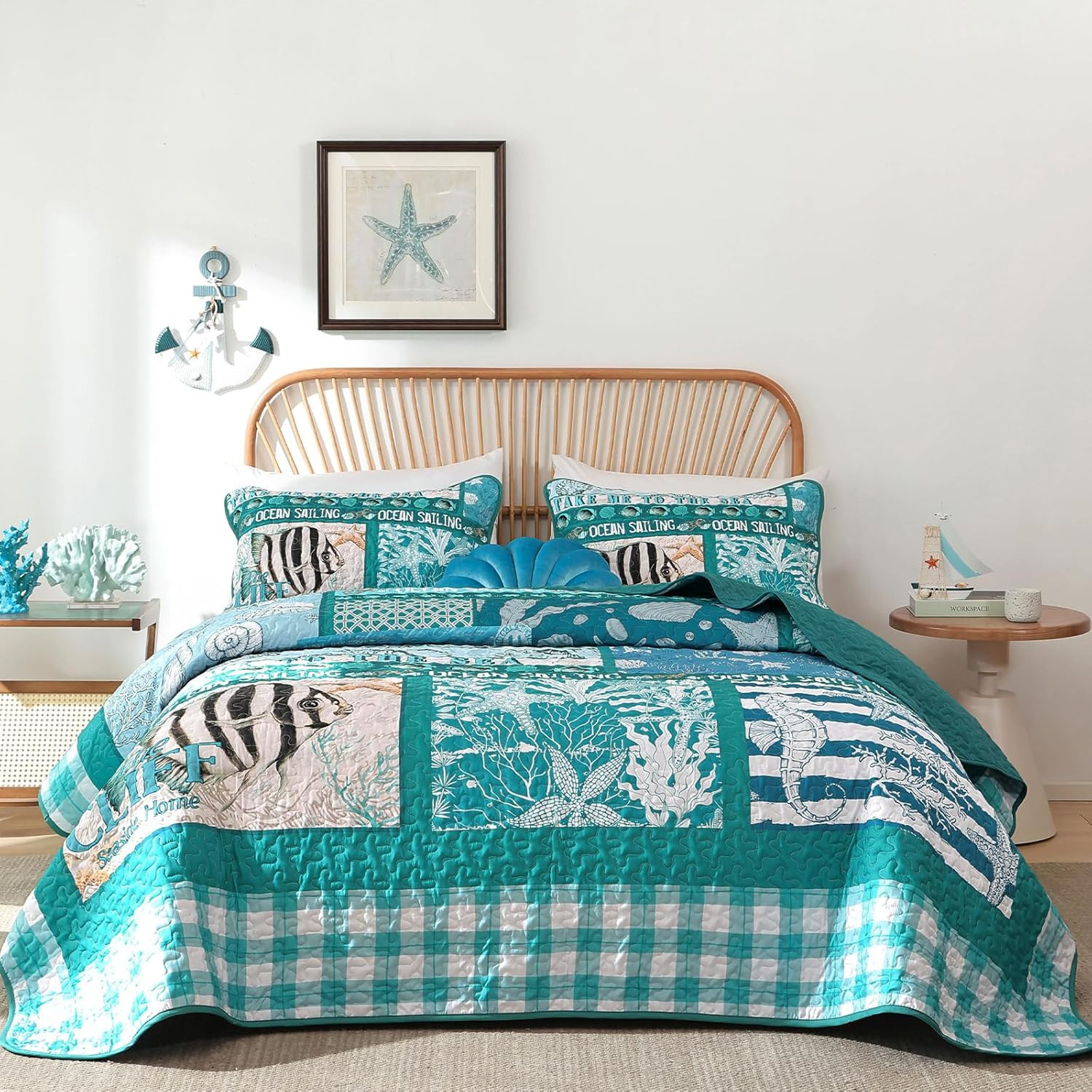 Coastal King Size Quilt Set 3 Piece,Summer Beach Bedspread Coverlet Lightweight