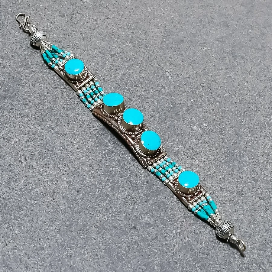 Türkis Edelstein Armband Tibetisches Silber Statement Nepali Schmuck 7" NBB 3317 - Bild 2 von 4