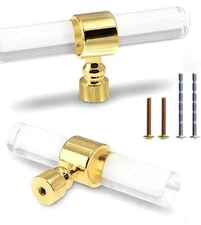 6 Pack Acrylic Cabinet Knobs Brushed Gold Drawers Knobs Clear Single Hole T B...