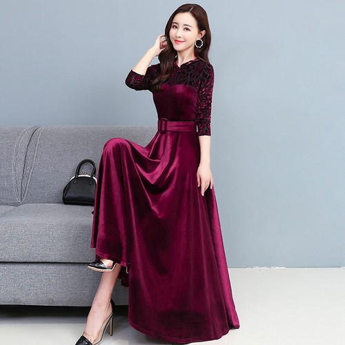 Womens Velvet Long Sleeves High Waist Maxi Dress Slim Belt Cheongsam Ball Gown - Picture 21 of 23
