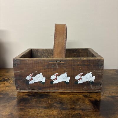 Primitive Bunny Rabbit Hand Painted Wood Basket Box Handmade Leather Handle