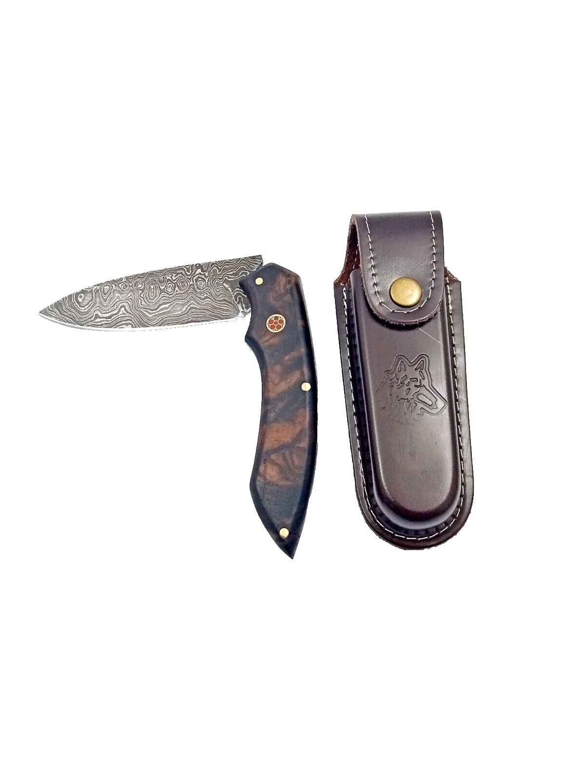 Damascus Steel Blade Leather Handle Pocketknife Collectible Folding Knives