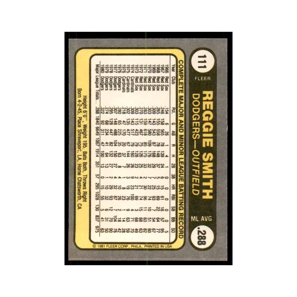 1981 Fleer Reggie Smith Baseball Cards #111 - Image 2 of 3