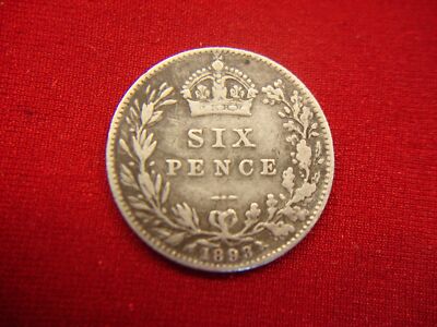1893 GREAT BRITAIN SIX PENCE - NICE CIRC. QUEEN VICTORIA SILVER PC