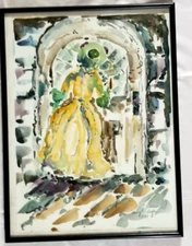 Original Watercolor Painting Victorian Lady Garden Portrait Nancy Doyle Signed