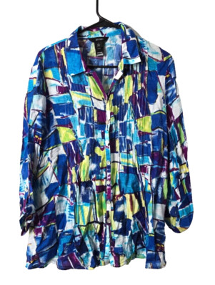 Ali Miles Blouse L Pintucked Artsy Geometric Button Up Business Casual Collared