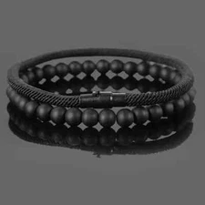 2 Piece 4MM Natural Stone Beads and Rope Bracelet Pair - Black on Black