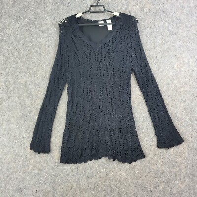 Emma Jam Top Womens 1X Black Stretch Lace Tunic Lined V-Neck Long Sleeve Flirty