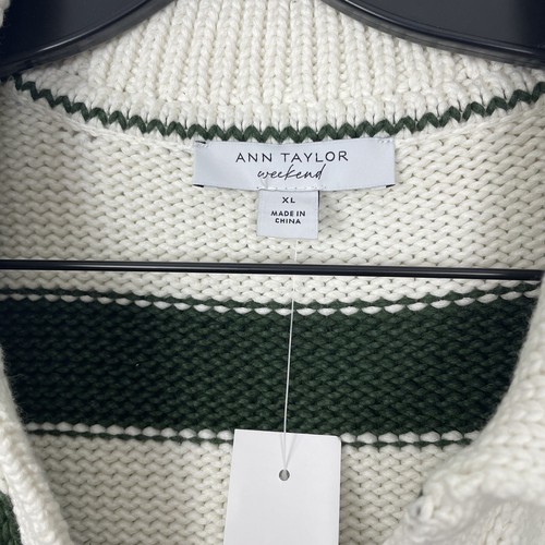 Ann Taylor Weekend Green and Cream Striped V-Neck Sweater Size XL - Picture 3 of 12