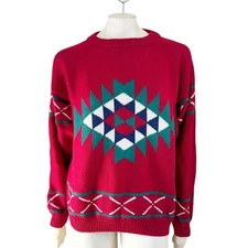 Vintage MIGHTY MAC Wool Cotton Ski Lodge Crew Neck Sweater in Red WOMEN'S LARGE