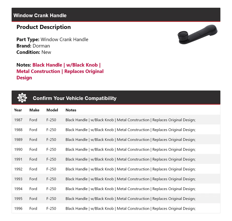 Manivela ventana Dorman 1987-1996 Ford F-250 1988 1989 1990 1991 1992 Foto 2 de 4