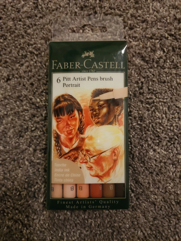 Faber Castell Pitt Artist Pens, 6 Piece Brush Nib Portrait Set, India Ink