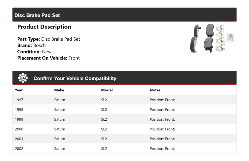 Керамические передние тормозные колодки для 1997-2002 Saturn SL2 Bosch QuietCast 1998 1999 2000 - Изображение 2 из 4