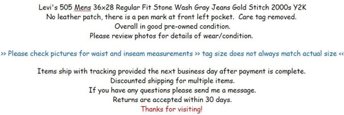 Levi's Jeans 505 Mens 36x28 Regular Fit Stone Wash Gray Gold Stitch Y2K - Picture 15 of 15