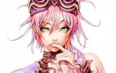 Anime girls face drawing biting women green eyes pink CCG Gaming Mat Desk