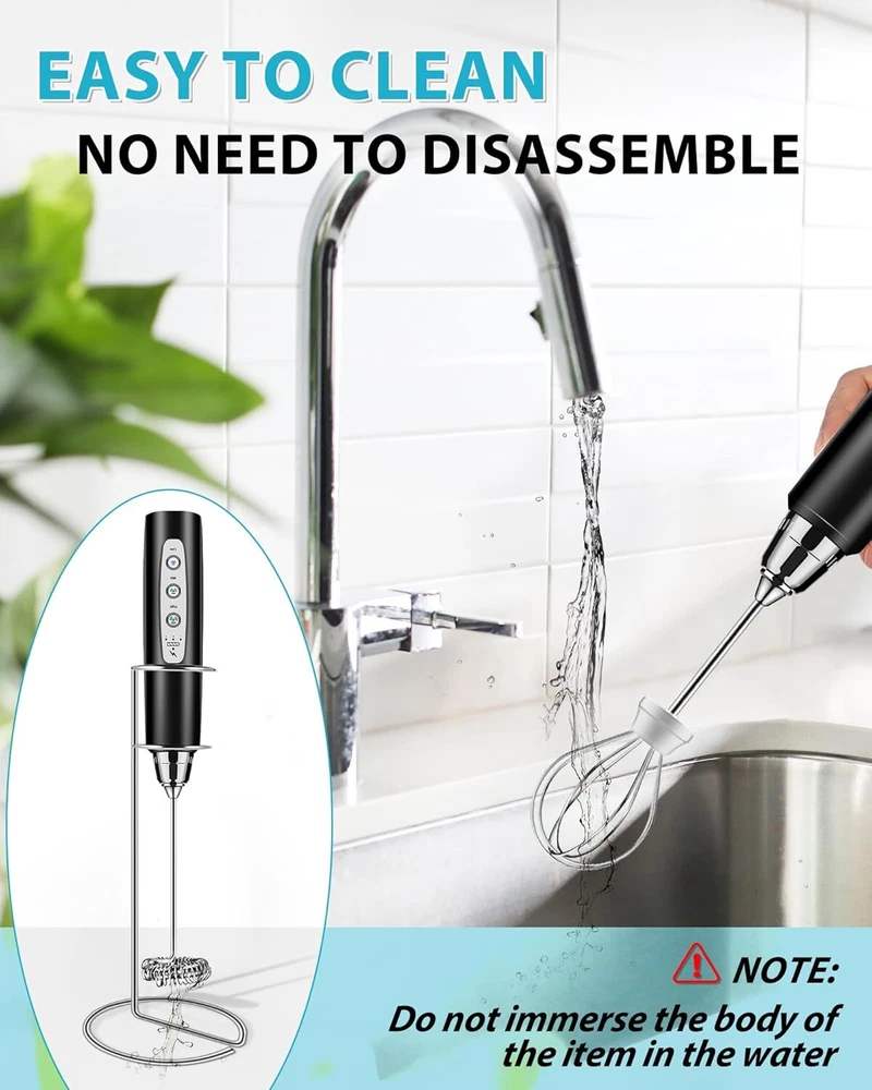 Milk Frother w/ Stand Rechargeable-Handheld Frother w/ 3 Stainless Whisk-3 Speed