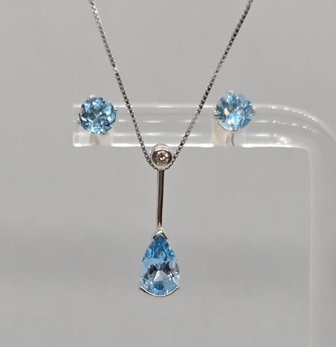 14K WHITE GOLD BLUE TOPAZ & DIAMOND MATCHING EARRINGS PENDANT NECKLACE SET - Picture 4 of 14