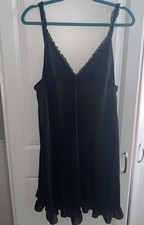 Erica Loren New York VINTAGE Slip Nightie Black Nylon Medium Lace Trim VTG