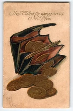 Vintage Embossed New Year Postcard with Coins and Wallet, Made in Germany