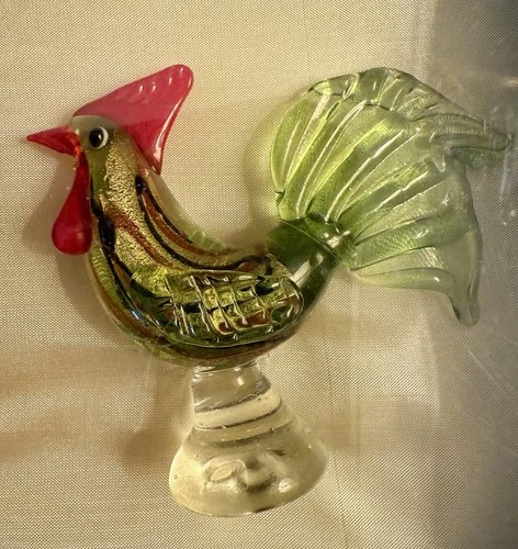 Vintage Murano Style Blown Glass Rooster Figurine Gold Aventurine Boxed