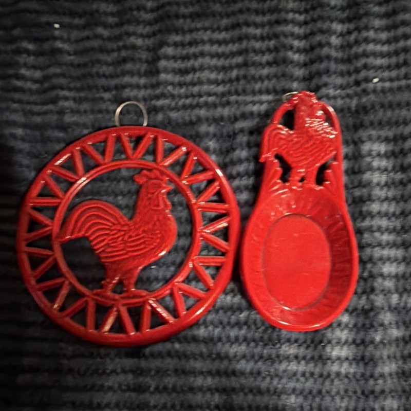 Red Cast Iron Rooster Trivet Set of 2 Painted Farm Animal Kitchen Decor