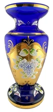VTG Bohemia Czech Gold Gild & Enamel on Cobalt Blue Vase 8" Tall 3.5" Diameter
