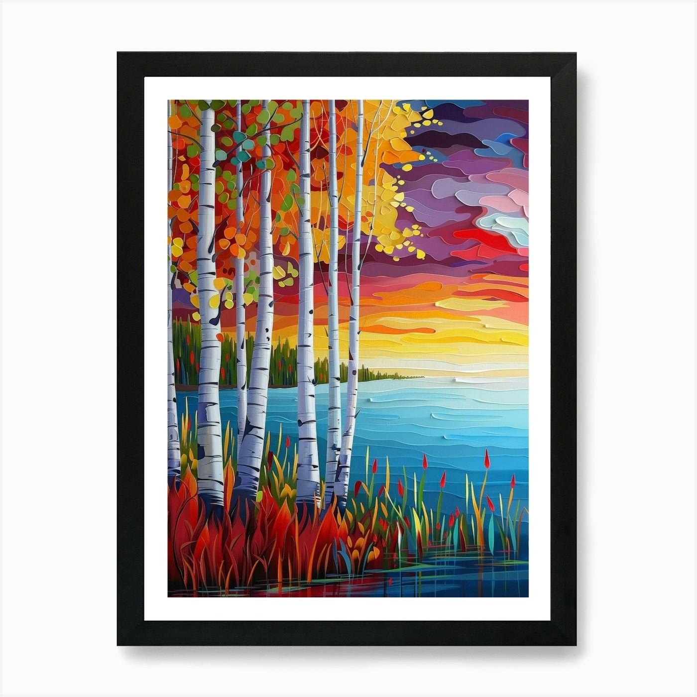 Sunset Birch Trees Framed Art Print Canvas Wall Decor Picture