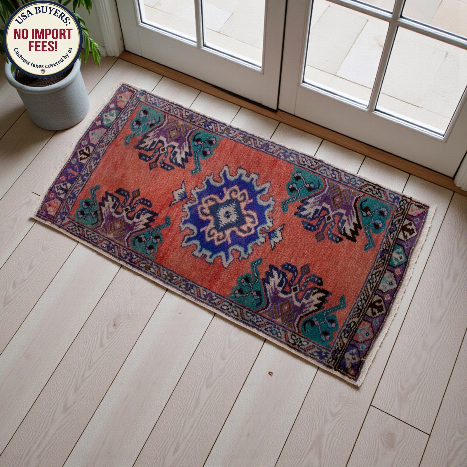 Vintage Oushak Rug 2x3 Small Turkish Door Mat Hand-Knotted Wool Bath Kitchen Rug