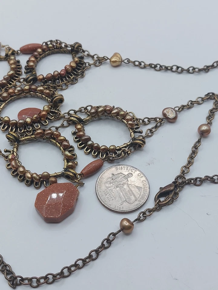 Collar de latón gotas de piedra dorada facetada con perlas de agua dulce declaración Foto 4 de 4