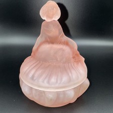 Pink Satin Curtsy Girl Powder Jar Toussant Glass Jewelry Dish Art Deco Decor