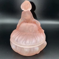 Pink Satin Curtsy Girl Powder Jar Toussant Glass Jewelry Dish Art Deco Decor
