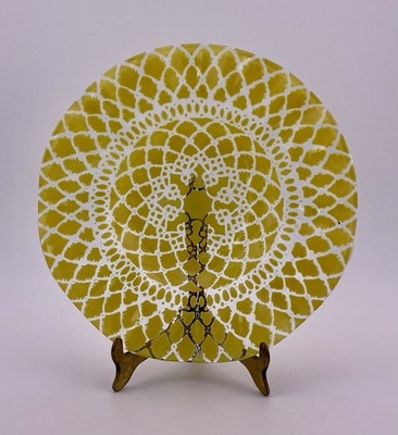 Sydenstricker Fused Glass Ruffled Dish Yellow Lace - Mandala Pattern, Signed.