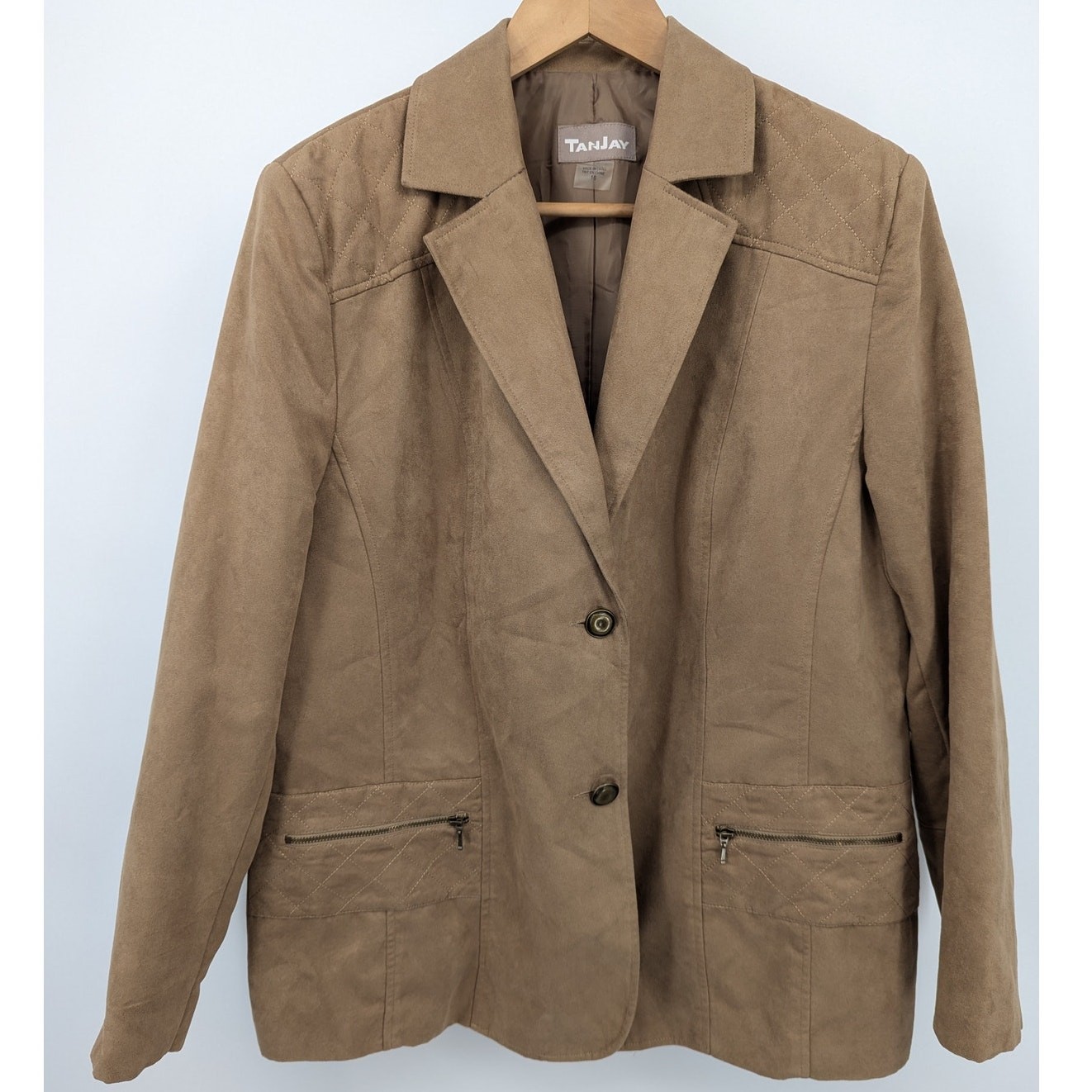 Tanjay Faux Suede Jacket Size 16 Tan Camel Quilted Shoulder Blazer Button Front