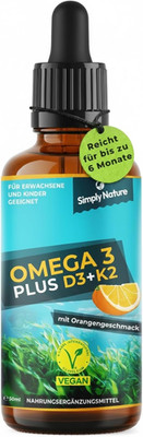 Omega 3 Algenöl plus Vitamin D3+K2 MK7 - Davon 40% DHA & 20% EPA - Mit Orangenöl