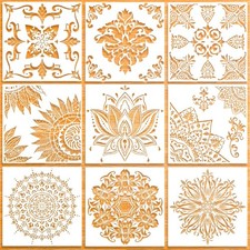 9 Pack 12X12 Inch Large Reusable Stencil Mandala Stencil Laser Cut Painting Te
