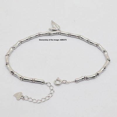 Reines 925 Sterling Silber Damen Verstellbares Armband Bambus Perle und Blatt Charm