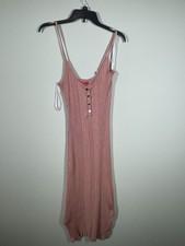 Guess Women's Pink Ribbed Stretch Midi Dress Button Detail XL Tank Henley Style